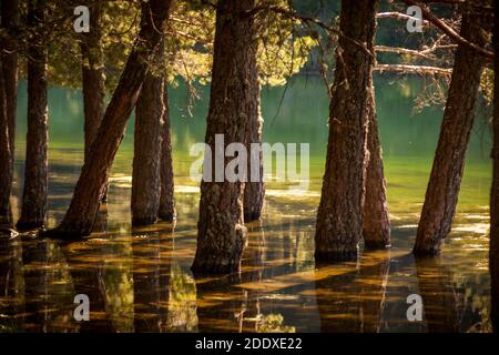 Route durch die Schlucht des Moros Flusses, einem See mit türkisfarbenem Wasser auf dem Gipfel des Berges. Im Nationalpark Sierra de Guadarrama, El Espinar Stockfoto