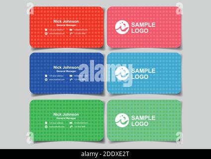 Visitenkarten im minimalistischen Design für Business Branding. Set aus drei Vektorgrafiken des Mockup mit Vorder- und Rückansicht in rot, blau und Stock Vektor