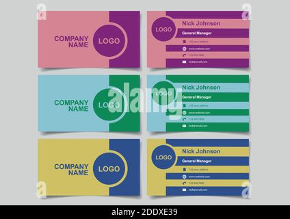 Visitenkarten mit zweifarbigem Retro-Design für Business Branding. Satz von drei Vektorabbildungen des Mockup mit Vorder- und Rückansicht in drei Stock Vektor