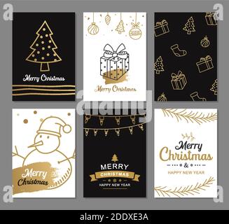 Frohe weihnachten Grußkarten mit Gold Luxus Dekoration Vorlagen. Set von Urlaubsplakaten, Tag, Banner, Postkartendesign. Stock Vektor
