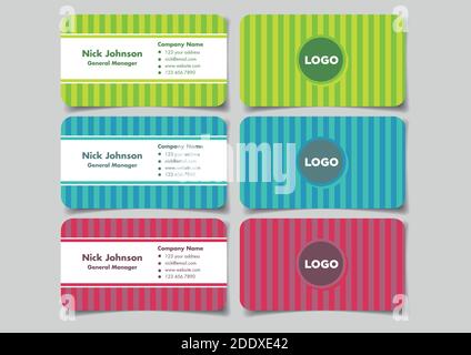 Visitenkarte mit vertikalem Streifendesign für Spaß und modernes Branding. Satz von drei Nachbildungen Vektor-Illustrationen in Vorder-und Rückseite vie Stock Vektor