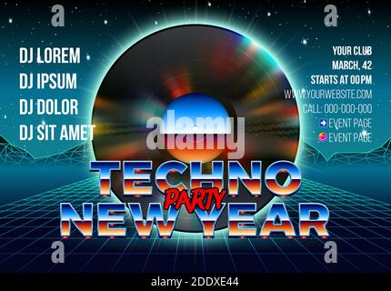 Neue Jahre party Einladung, Plakat oder Flyer mit 80er Jahre neon Style und Vinyl Lp für dj Stock Vektor