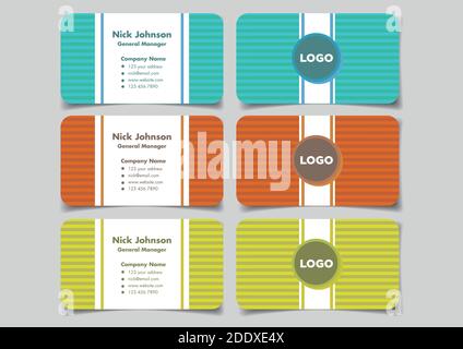 Visitenkarte mit horizontalem Streifenmuster im Hintergrund-Design in lustigen und lebendigen Farben für Business Branding. Satz von drei Nachbau-Vektor-Illus Stock Vektor