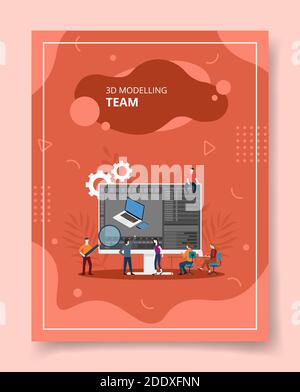 3D-Modellierung Team Menschen stehen vor großen Computer für Vorlage von Bannern sitzen, Flyer, Bücher Cover, Zeitschriften mit flüssigen Form Stil Stock Vektor