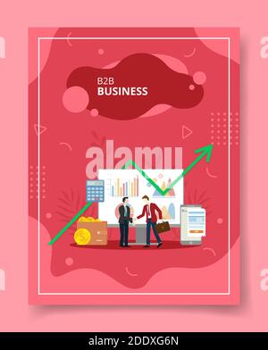 b2b-Geschäftsleute Handshake Front Computer Statistik Diagramm Brieftasche Smartphone für Vorlage von Bannern, Flyer, Bücher Cover, Zeitschriften mit Flüssigkeit Stock Vektor
