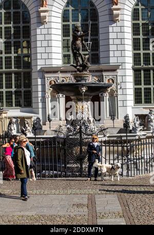 Danzig, Polen - 6. September 2020: Neptunbrunnen an der Long Market Street in Danzig. Polen Stockfoto