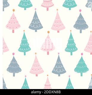 Weihnachtsbaum Muster-Design mit Sternen, niedlichen Vektor nahtlose Wiederholung von Hand gezeichnet festlich geschmückt Bäume. Stock Vektor