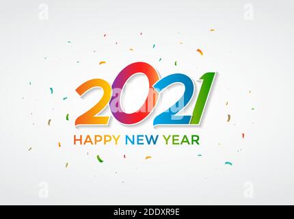 Bunte Happy New Year 2021 Schriftzug auf weißem Hintergrund mit Konfetti. Dekorative Begrüßung mit handgeschriebenem Text für Tapete, Banner und Karte Stock Vektor