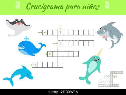 Crucigrama para niños - Kreuzworträtsel für Kinder. Kreuzworträtsel Spiel mit Bildern. Kinder Aktivität Arbeitsblatt bunt druckbare Version. Stock Vektor