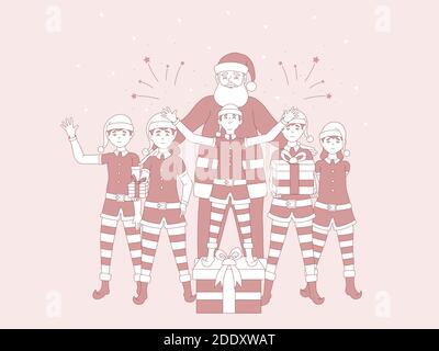 Weihnachtsmann und Elfen mit Geschenken Vektor Illustration. Frohe Weihnachten und ein glückliches neues Jahr Grußkarte. Stock Vektor