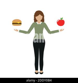 Frau hält Burger in einem und Apfel in der anderen Hand essen Konzept Vektor-illustration EPS 10. Stock Vektor