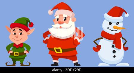 Verschiedene Weihnachtsfiguren. Weihnachtsmann, Elf und Schneemann mit Händen am Gürtel. Stock Vektor
