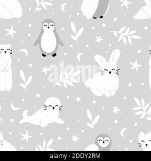 Nette Wildtiere Wintertiere: Ermine, arktischen Fuchs, Kaninchen, Robbe, Pinguin und Eule monochrome Hand gezeichnet nahtlose Muster in skandinavischen Stil Vektor il Stock Vektor