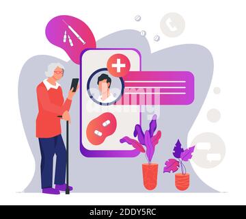 Online-Medizin und Gesundheitswesen für ältere Menschen flache Vektor-Illustration. Stock Vektor