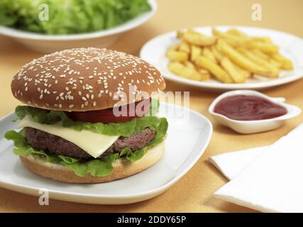 Hamburger in einem Teller mit Pommes und Ketchup Stockfoto