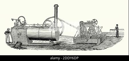 Eine alte Gravur einer Outdoor-tragbaren Dampfmaschine, hier eine Holzschneidsäge durch einen Bandantrieb bedienbar. Es ist aus einem viktorianischen Maschinenbaubuch der 1880er Jahre. Dieser bewegliche Motor wäre von Ort zu Ort transportiert worden und war im amerikanischen Westen im 19. Jahrhundert verbreitet. Ein Arbeiter befeuert den Kessel mit Holzstämmen (links). Holz wird in die Säge eingespeist (rechts). Radtraktionsmotoren gelten auch als tragbare Motoren. Stockfoto