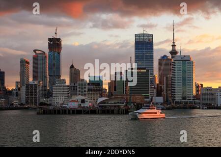 Die Skyline von Auckland, Neuseeland, bei Sonnenuntergang, vom Waitemata Hafen aus gesehen. Eine Fullers Fähre ist auf dem Wasser Stockfoto