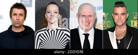 Undatierte Composite-Datei-Fotos von (von links nach rechts) Liam Gallagher, Jess Glynne, Matt Lucas und Robbie Williams, die zu den Anwärtern für die diesjährige Weihnachtsnummer eins gehören sollen. Stockfoto