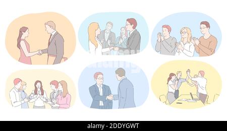 Teamarbeit, Abstimmung, Entwicklung im Bürokonzept. Business People Partner Kollegen schütteln nach erfolgreichen Verhandlungen die Hände und applaudieren für col Stock Vektor