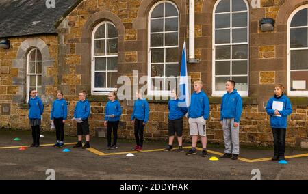 Athelstaneford, East Lothian, Schottland, Großbritannien, 27. November 2020. Saltyre Festival: Der Geburtsort der schottischen Nationalflagge zur Feier des Saltyre Festivals, das bis zum St. Andrew’s Day führt. Kinder der Grundschule in Athelstaneford feiern ihre Verbindung zum National Flag Heritage Centre mit Lesungen, die von P7-Kindern geleitet werden Stockfoto