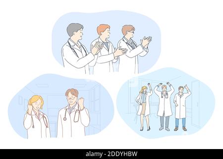 Medizin, Ärzte, Erfolg, Teamarbeit, Leistung, Danksagung Konzept. Junge Leute Ärzte in weißer Uniform zeigen erfolgreiche Leistung, applaudierende Stock Vektor