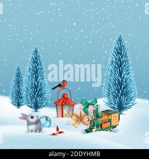Niedliche Winterszene mit einem Kaninchen, einem roten Vogel auf einer Laterne sitzen und Geschenke. Weihnachten Urlaub Hintergrund Stockfoto