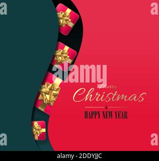Rot rosa realistische Weihnachten Geschenk-Boxen auf Kurve rot schwarz Hintergrund. Luxus Urlaub Design für Einladung, Header. 3D-Rendering. Goldener Text Frohe Weihnachten Stockfoto