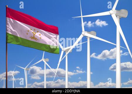 Tadschikistan alternative Energie, Windenergie industrielles Konzept mit Windmühlen und Flagge - alternative erneuerbare Energie industrielle Illustration, 3D illus Stockfoto