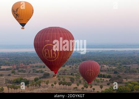 Heißluftballone fliegen über Tempel von Bagan im Morgengrauen, Myanmar (Birma), Asien im Februar - aus der Luft im Heißluftballon genommen Stockfoto