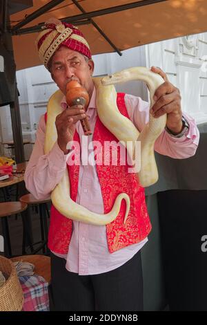 Ein ethnischer indischer Schlangenbeschwörer in Singapur, der normalerweise Touristen unterhält und mit einer weißen Python umgeht Stockfoto