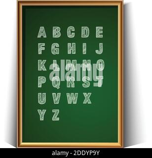 3d realistische Vektor Schule grüne Holzkohlegrett zum Schreiben mit handgezeichnetes Alphabet. Isoliert auf weißem Hintergrund. Stock Vektor