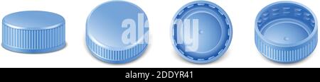 3d realistische Sammlung von blauen Kunststoff-Flaschenverschlüsse in der Seite, oben und unten Ansicht. Mockup mit PET-Schraubdeckel für Wasser, Bier, Limonade. Isoliert Stock Vektor