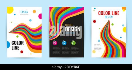 Set Faltblatt mit hellen Regenbogenstreifen auf weißem und schwarzem Hintergrund. Abstrakte Vektor vertikale Banner Farblinie. Universelle Schablone mit leerem pla Stock Vektor