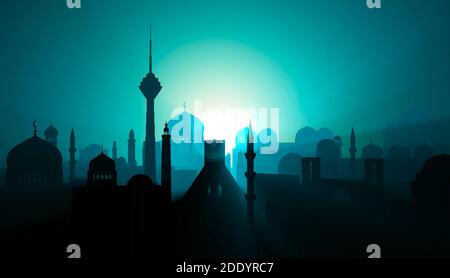 Silhouette der Stadt Teheran. Naher Osten. Türme und religiöse Denkmäler, Minarette mit Kuppeln. Iran. Blick auf Sonnenaufgang und Nacht. 3d-Rendering. Stockfoto