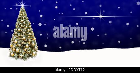 Golden Weihnachtsbaum Bälle Banner, abstrakten Hintergrund Schnee Stockfoto