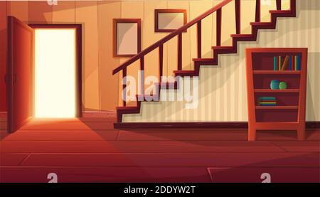 Vektor Cartoon Stil Illustration des Hauses Interieur. Eingang offene Tür mit Treppen und rustikalen Vintage-Möbel und Holzboden. Stock Vektor