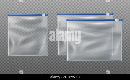 3d realistische Vektor blau Reißverschluss Slider transparente Taschen. Leere Mockup-Beutel in verschiedenen Größen auf transparentem Hintergrund. Stock Vektor