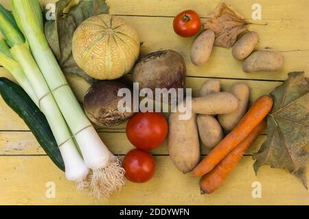 Bio-Gemüse von einem Bauernhof auf einem Holztisch. Bio gesunde Lebensmittel. Stockfoto