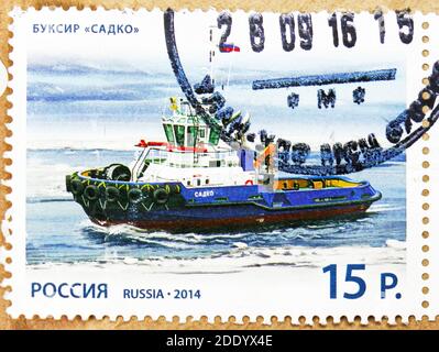 MOSKAU, RUSSLAND - 20. NOVEMBER 2020: In Russland gedruckte Briefmarke zeigt Schlepper 'Sadko', Seeschiffe der russischen Serie, um 2014 Stockfoto