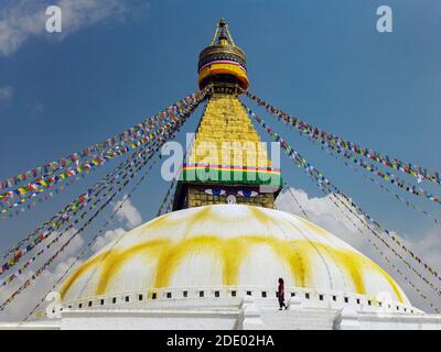 Kathmandu. Nepal. 03.16.05. Die allsehenden Augen Buddhas auf der Boudhanath Stupa in Kathmandu, Nepal. Stockfoto