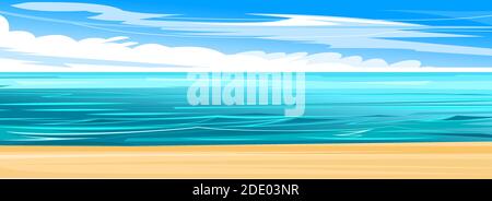 Am Meer. Gelber Küstensand. Tidalbohrung. Schäumende Wellen des Meeres. Skyline mit Wolken und blauem Himmel. Flacher Style. Wasserlandschaft. Stock Vektor