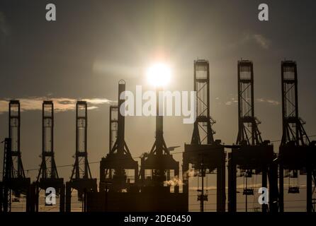 Hamburg, Deutschland. November 2020. Die Sonne scheint hinter den Kräne des Burchardkai Containerterminals. Quelle: Daniel Bockwoldt/dpa/Alamy Live News Stockfoto
