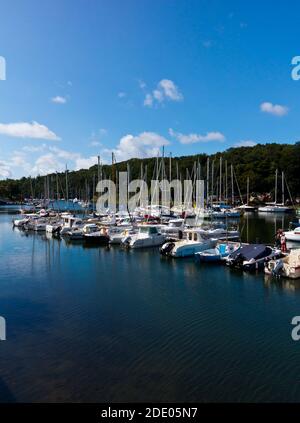 Ausflugsboote im Hafen von Port Rhu in Douarnenez Finisterre Bretagne im Nordwesten Frankreichs. Stockfoto