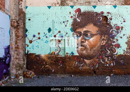 Street Art Arbeit, Otautahi, von Jacob Yikes in Christchurch, Neuseeland. Ein produktiver und bekannter Künstler, der große 'Leinwände' in der Stadt benutzt. Stockfoto