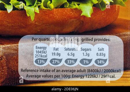 reference intake nutritional information label on packet of Birds Eye Original Beef Quarter Pounders, beefburgers Stockfoto