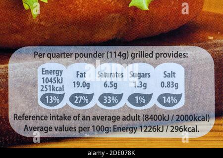 reference intake nutritional information label on packet of Birds Eye Original Beef Quarter Pounders, beefburgers Stockfoto