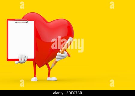 Rotes Herz Zeichen Maskottchen mit rotem Kunststoff Zwischenablage, Papier und Bleistift auf gelbem Hintergrund. 3d-Rendering Stockfoto