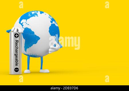 Erd Globe Character Maskottchen mit wiederaufladbarer Batterie auf gelbem Hintergrund. 3d-Rendering Stockfoto