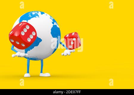 Erde Globe Charakter Maskottchen mit roten Würfel im Flug auf einem gelben Hintergrund. 3d-Rendering Stockfoto