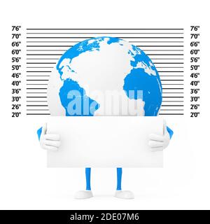 Earth Globe Character Maskottchen mit Identifikationsplatte vor der Polizei-Aufstellung oder Mugshot Hintergrund extreme Nahaufnahme. 3d-Rendering Stockfoto